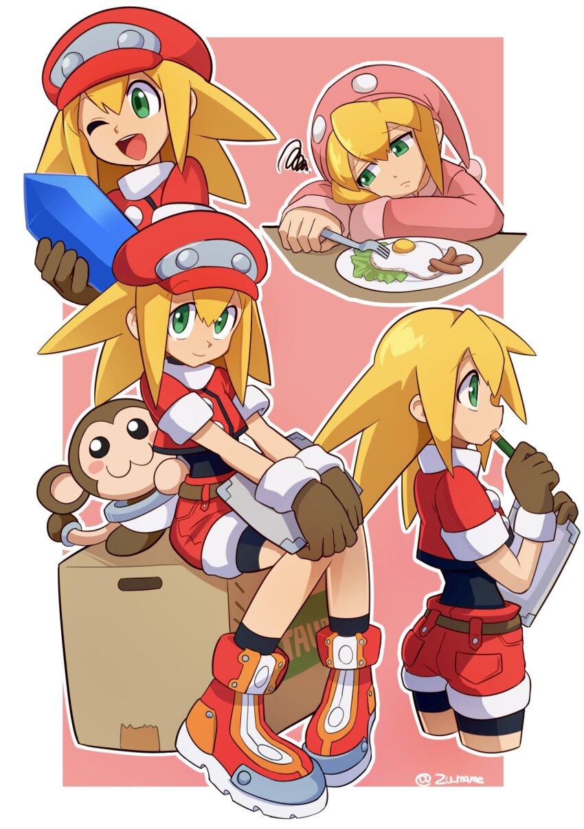 1girl, bike_shorts, bike_shorts_under_shorts, breakfast, brown_gloves, newsboy_cap, cropped_jacket, data_(mega_man)