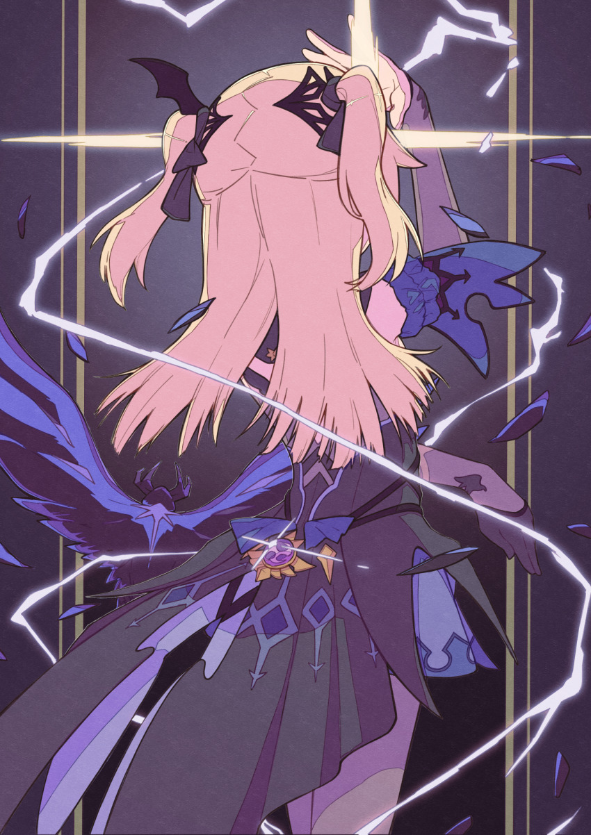 1girl, arm_scrunchie, arm_up, bat_hair_ornament, bird, black_dress, black_hair, blonde_hair