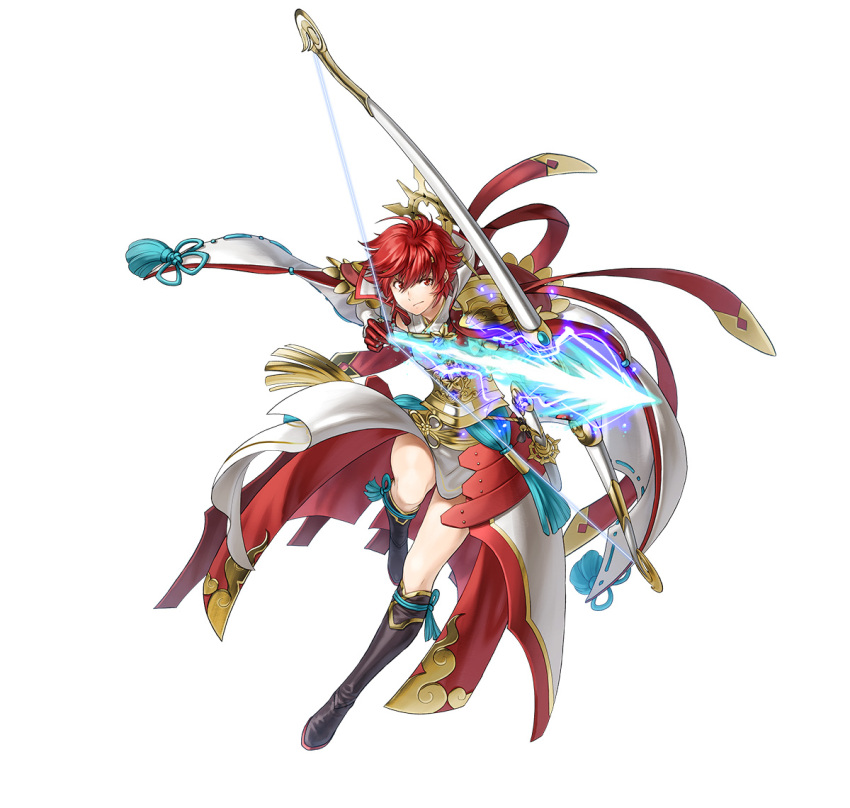 1girl, aiming, attack, black_boots, boots, bow_(weapon), bow_and_arrow_hold, fire_emblem, fire_emblem_fates, fire_emblem_heroes, frown, full_body, gloves, halo, hinoka_(fire_emblem), hinoka_(thundering_wings)_(fire_emblem), holding, holding_bow_(weapon), holding_weapon, nintendo, official_alternate_costume, official_art, red_eyes, red_gloves, red_hair, sheath, short_hair, solo, v-shaped_eyebrows, weapon, white_background