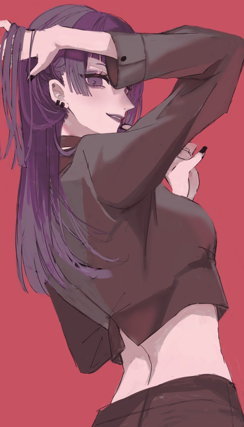 1girl, absurdres, arm_up, back, black_jacket, black_nails, black_skirt, breasts