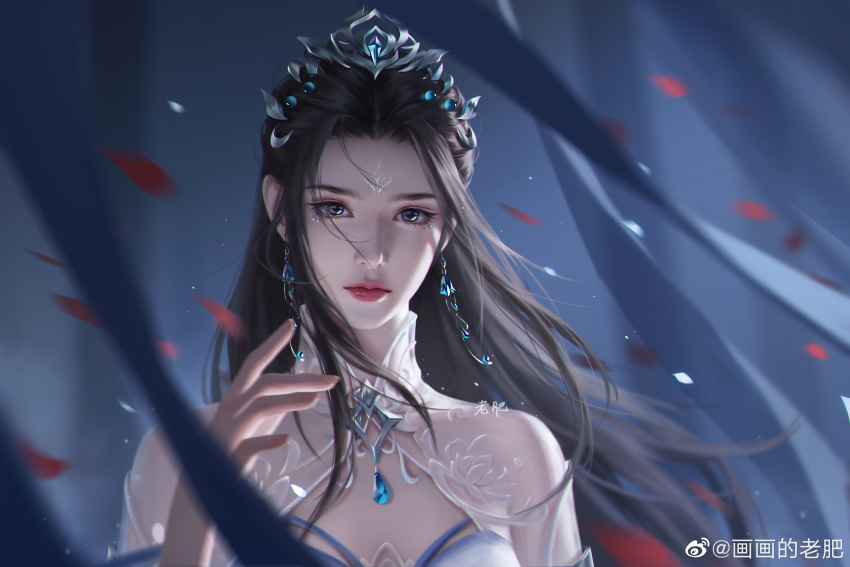 1girl, absurdres, black_hair, blue_background, blue_dress, closed_mouth, dress, earrings, expressionless, facial_mark, falling_petals, forehead_mark, highres, huahua_de_lao_fei, jewelry, long_hair, looking_at_viewer, lu_xueqi_(zhu_xian), petals, solo, streamers, tiara, upper_body, zhu_xian