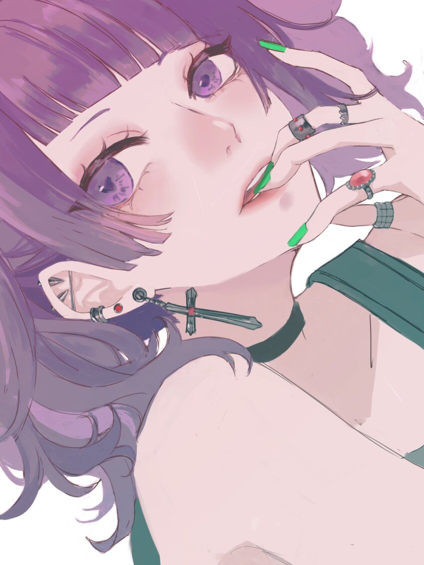 1girl, asymmetrical_bangs, black_choker, blunt_bangs, blush, choker, diagonal_bangs, dutch_angle, ear_piercing, earrings, fingernails, green_nails, highres, idolmaster, idolmaster_shiny_colors, jewelry, looking_at_viewer, messy_hair, nail_polish, naruse_chika, parted_lips, piercing, purple_eyes, purple_hair, ring, simple_background, solo, tanaka_mamimi, white_background
