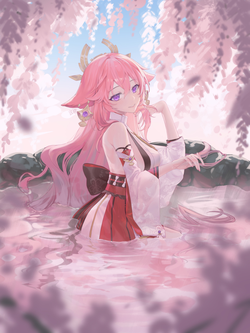 1girl, absurdres, animal_ear_fluff, animal_ears, bare_shoulders, breasts, cherry_blossoms, detached_sleeves