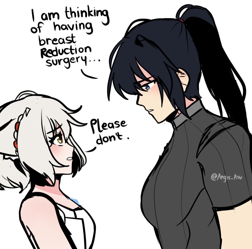 1boy, 1girl, asukaaasuu, black_hair, breasts, commentary, english_commentary, english_text