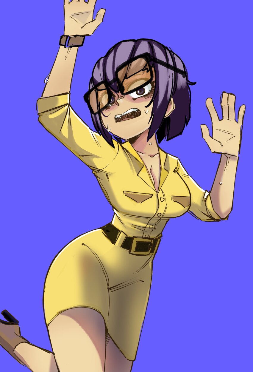 1girl, absurdres, belt, breasts, cleavage, collared_dress, dinocore, dress, glasses, high_heels, highres, kaya_(dinocore), large_breasts, looking_at_viewer, purple_eyes, purple_hair, short_hair, simple_background, solo, struggling4rt, sweat, tripping, watch, yellow_dress