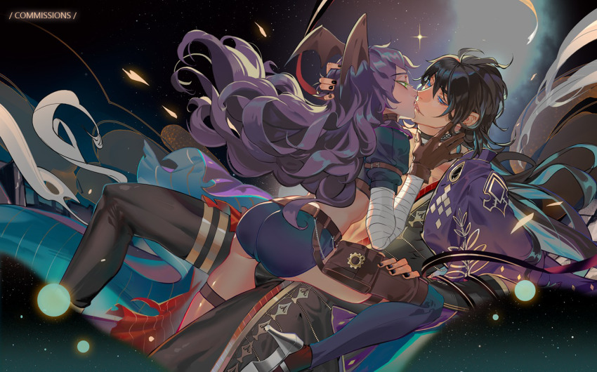 1boy, 1girl, abyss_chaser_(ragnarok_online), aerysky, ass, bandaged_arm, bandages, bat_wings