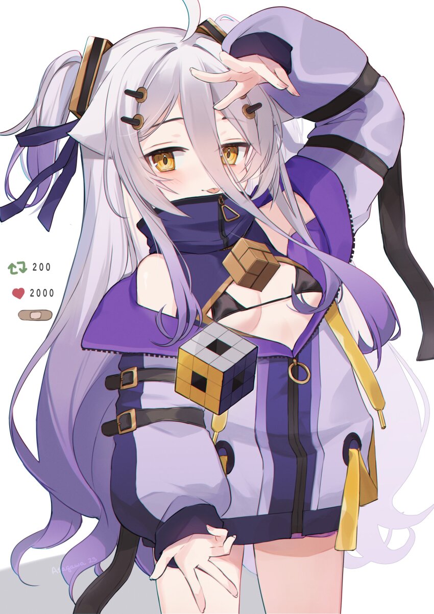 1girl, :p, absurdres, ahoge, arm_belt, arm_up, asagawa_mikan, belt, bikini, black_belt, black_bikini, blush, breasts, cube, gradient_hair, grey_hair, hair_between_eyes, hair_ornament, hair_ribbon, hairclip, henya_the_genius, henya_the_genius_(1st_costume), highres, jacket, long_bangs, long_hair, looking_at_viewer, multicolored_hair, partially_unzipped, pasties, purple_hair, purple_jacket, purple_ribbon, ribbon, sidelocks, small_breasts, solo, sweatdrop, swimsuit, tongue, tongue_out, twitter_strip_game, two_side_up, unzipped, virtual_youtuber, vshojo, yellow_eyes, zipper_pull_tab