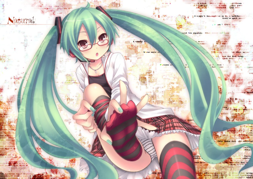 1girl, :o, aqua_hair, aqua_nails, bespectacled, brown_eyes, feet, female_focus, foot_focus, glasses, green_hair, hands_on_feet, hatsune_miku, hatsune_miku_(natural), headset, jewelry, kocchi_muite_baby_(vocaloid), long_hair, nail_polish, necklace, no_shoes, open_mouth, panties, pantyshot, plaid_clothes, plaid_skirt, project_diva, project_diva_(series), project_diva_2nd, red_eyes, ryo_(botugo), sitting, skirt, soles, solo, striped_clothes, striped_panties, striped_thighhighs, thighhighs, toes, twintails, underwear, upskirt, very_long_hair, vocaloid