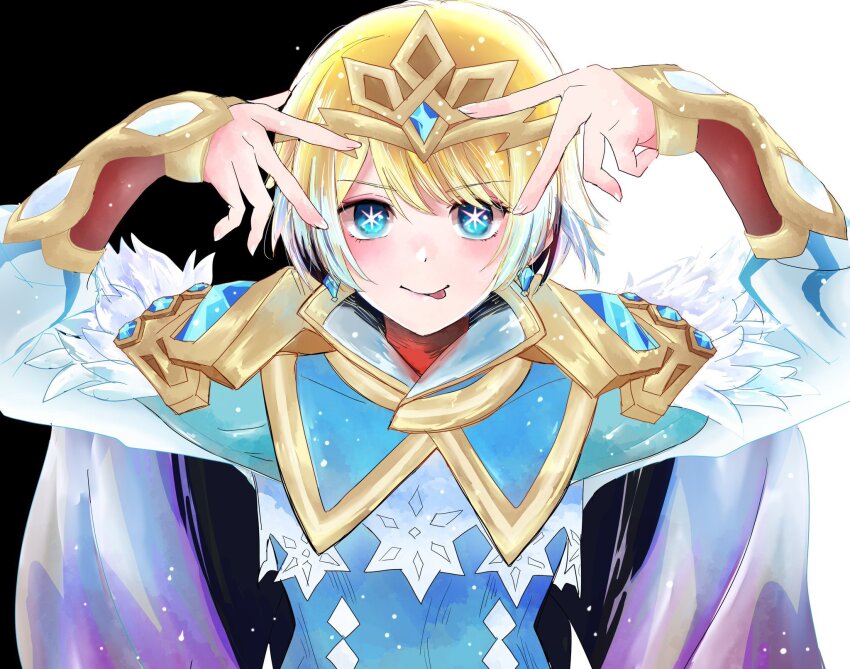 1girl, black_background, blonde_hair, blue_eyes, cloak, crescentluna, double_v, earrings, feather_trim, fire_emblem, fire_emblem_heroes, fjorm_(fire_emblem), highres, hoshino_ai, hoshino_ai's_pose, jake_brito, jewelry, looking_at_viewer, nintendo, pose_imitation, short_hair, smile, solo, sturm_fe_k11, takahashi_rie, takahashi_rie_(voice_actor), tiara, tongue, tongue_out, two-tone_background, upper_body, v, voice_actor_connection, white_background