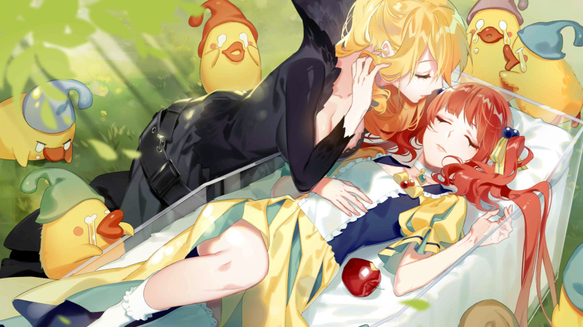 2girls, 6+others, ankle_socks, apple, baby_animal, belt, bird, bitten_apple, black_belt, black_dress, blonde_hair, blue_dress, blue_headwear, blunt_bangs, breasts, chick, choker, closed_eyes, closed_mouth, coffin, cosplay, dress, flat_chest, food, food_bite, frilled_socks, frills, fruit, girl_cafe_gun, grass, green_headwear, hair_ribbon, hair_spread_out, hand_on_own_chest, highres, juno_emmons, large_breasts, long_dress, long_hair, long_sleeves, lying, multiple_girls, multiple_others, official_art, outdoors, ponytail, puffy_short_sleeves, puffy_sleeves, purple_headwear, queen_(snow_white)_(cosplay), red_hair, red_headwear, ribbon, rococo_(girl_cafe_gun), short_sleeves, sleeping, snow_white's_dwarf_(fairy_tale_character), snow_white's_queen_(fairy_tale_character), snow_white_(fairy_tale), snow_white_(fairy_tale_character), snow_white_(fairy_tale_character)_(cosplay), socks, sunlight, teardrop, twintails, two-tone_dress, white_choker, white_socks, yellow_dress, yellow_ribbon, yuri