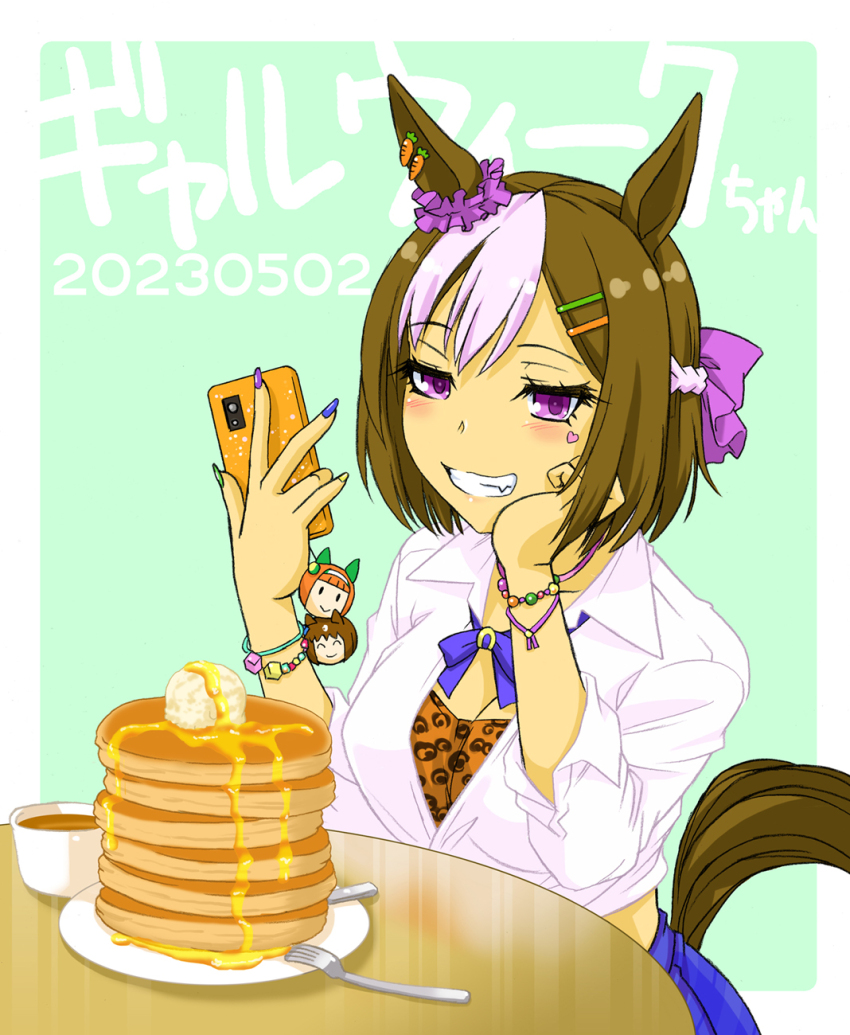 1girl, alternate_uniform, animal_print, bandeau, blush_stickers, bow, bowtie, braid