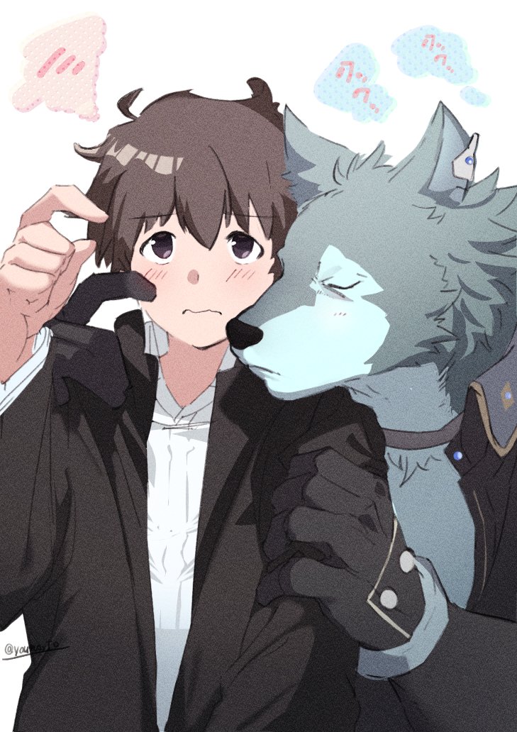 2boys, ai_manato, animal_ears, black_gloves, blush, breke_(housamo), brown_eyes, brown_hair, closed_eyes, closed_mouth, collar, collared_shirt, commentary_request, furry, furry_male, gakuran, gloves, hand_up, looking_up, male_focus, multiple_boys, protagonist_4_(housamo), school_uniform, shirt, short_hair, simple_background, smelling, spoken_blush, tokyo_houkago_summoners, twitter_username, upper_body, white_background, white_shirt, wolf_boy, wolf_ears, yaoi