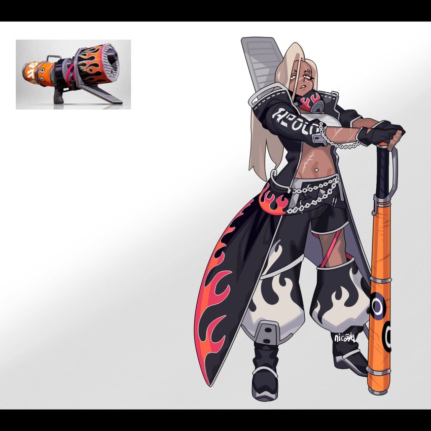 1girl, baseball_bat, black_eyes, blaster_(splatoon), blonde_hair, breasts, clothing_cutout, coat, crop_top, dark-skinned_female, dark_skin, eyebrow_piercing, face_piercing, flame_print, hair_between_eyes, highres, holding, large_breasts, long_hair, mask, mask_around_neck, navel_piercing, nintendo, open_clothes, open_coat, pants, personification, piercing, reference_inset, scar, scar_on_arm, scar_on_stomach, sido_(slipknot), solo, splatoon_(series), standing