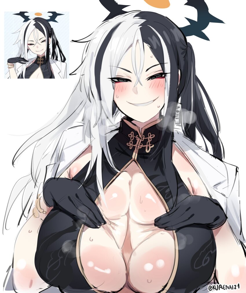 1girl, absurdres, black_gloves, black_hair, blue_archive, blush, breasts, center_opening, china_dress, chinese_clothes, coat, coat_on_shoulders, dress, gloves, grin, halo, highres, huge_breasts, kai_(blue_archive), kurenaiz_(kuayrenaiz), long_hair, looking_at_viewer, multicolored_hair, paizuri_invitation, smile, solo, spread_cleavage, two-tone_hair, upper_body, white_background, white_hair