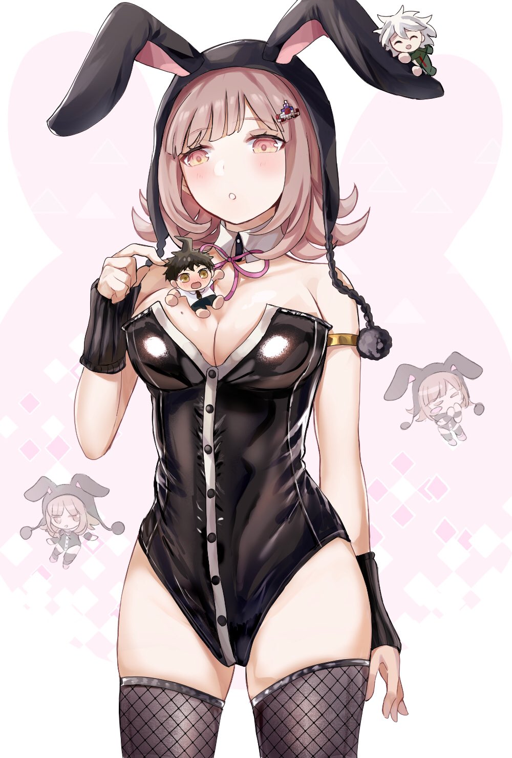 1girl, animal_ears, animal_hood, black_leotard, breasts, danganronpa_(series), danganronpa_2:_goodbye_despair, fake_animal_ears