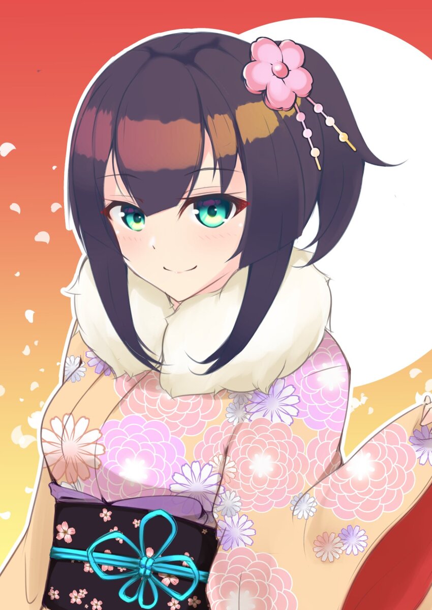 1girl, alternate_costume, aqua_eyes, black_hair, blunt_bangs, closed_mouth, commentary_request, floral_print