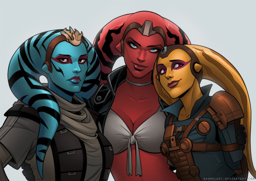3girls, alien, armor, artist_name, blue_eyes, blue_skin, bra, breasts, cleavage, colored_skin, deviantart_username, hannelart, looking_at_viewer, medium_breasts, multiple_girls, pauldrons, pink_eyes, red_skin, shoulder_armor, simple_background, single_pauldron, star_wars, twi'lek, underwear, upper_body, watermark, web_address, white_background, white_bra, yellow_skin
