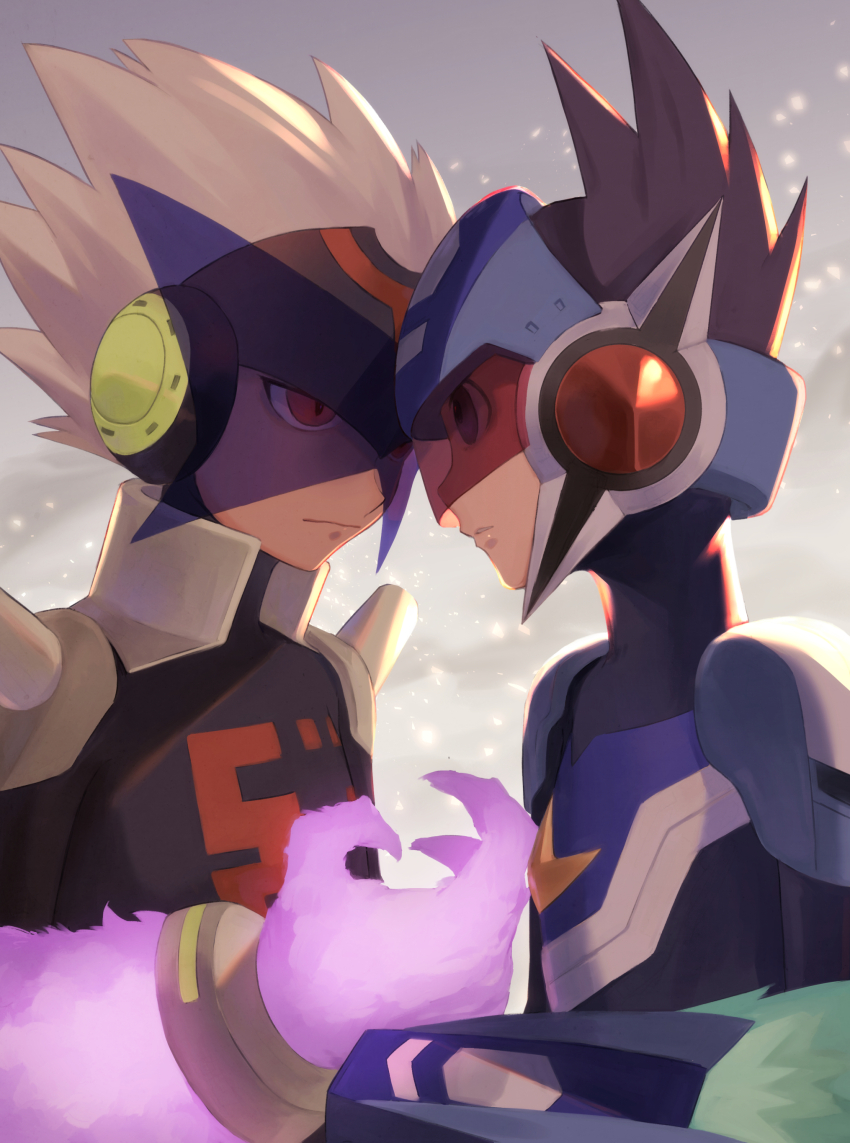 2boys, absurdres, brown_eyes, brown_hair, claws, commentary_request, eye_contact, geo_stelar_(mega_man)