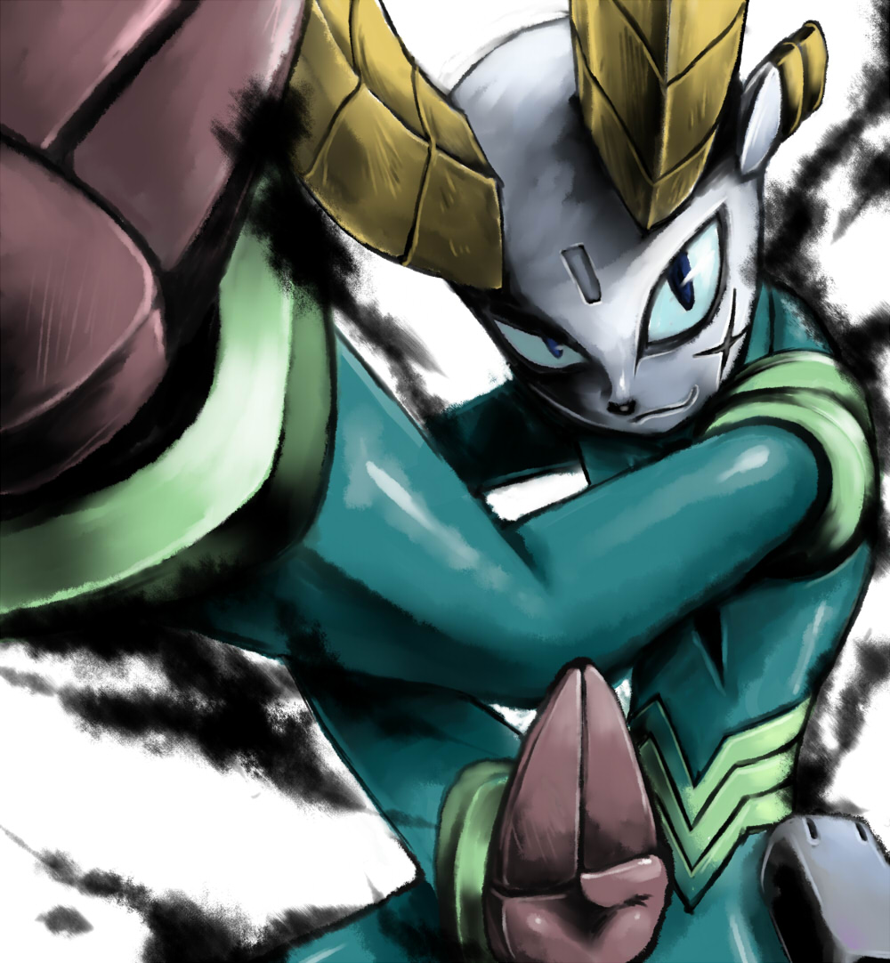 1boy, blue_sclera, colored_sclera, commentary_request, goat, goat_horns, horns, kung_foo_kid_(mega_man)