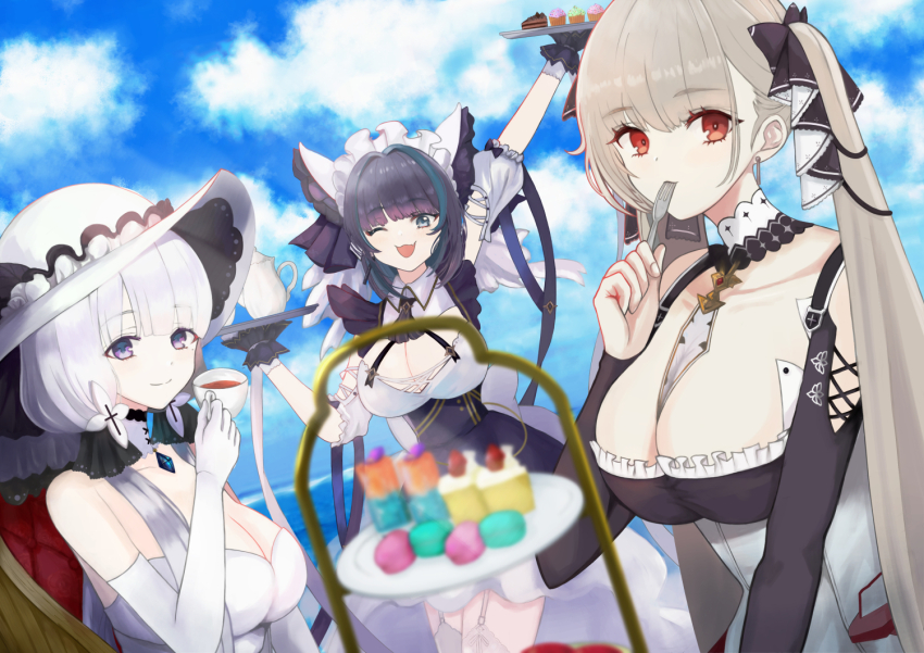 3girls, ;d, animal_band, animal_ears, apron, azur_lane, bare_shoulders, between_breasts