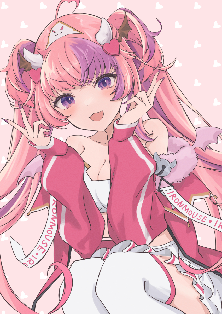 1girl, absurdres, ahoge, blush, boots, breasts, chabo_(x_xhauntedx_x), character_name, cleavage, demon_girl, demon_wings, hair_ornament, head_wings, heart, heart_ahoge, heart_hair_ornament, highres, ironmouse, ironmouse_(race_queen), jacket, large_breasts, long_hair, looking_at_viewer, multicolored_hair, nail_polish, open_mouth, pink_hair, pink_jacket, purple_hair, purple_nails, skirt, smile, solo, strapless, streaked_hair, thigh_boots, tube_top, twintails, virtual_youtuber, vshojo, white_boots, white_skirt, white_tube_top, wings