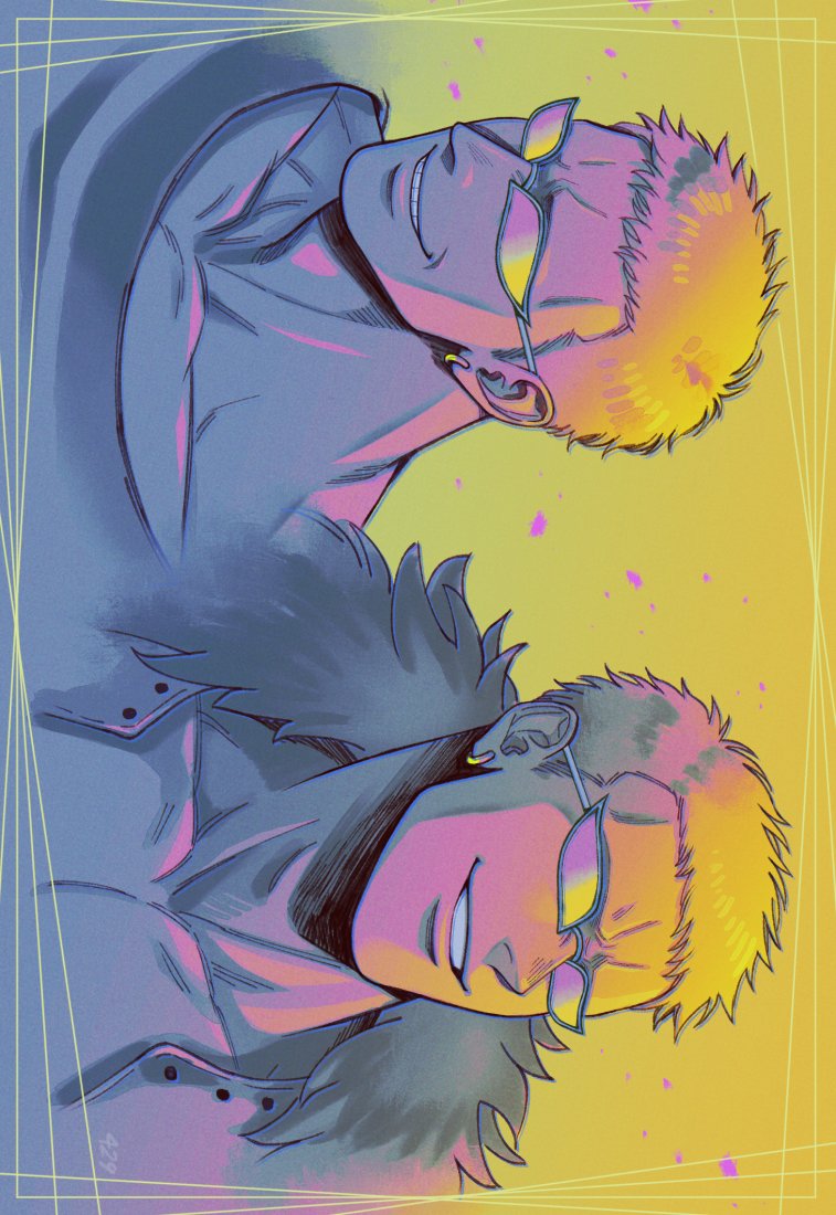 1boy, blonde_hair, collarbone, donquixote_doflamingo, earrings, feather_coat, fourtwonine429, jewelry, male_focus, one_piece, open_clothes, portrait, prison_clothes, shirt, short_hair, smile, solo, sunglasses, teeth, variations, white-framed_eyewear, white_shirt, yellow_background