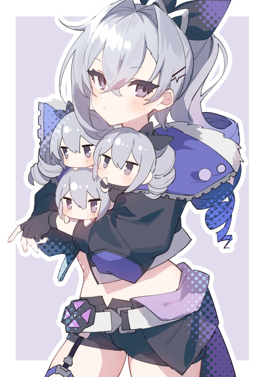 1girl, belt, black_jacket, black_shorts, blue_jacket, blush, brown_eyes, character_doll