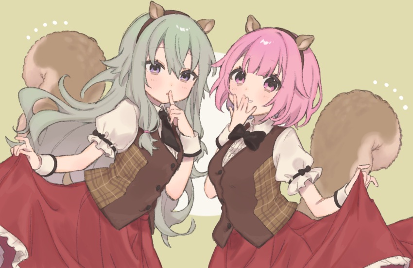2girls, animal_ears, black_bow, black_necktie, blush, bow, brown_vest, commentary