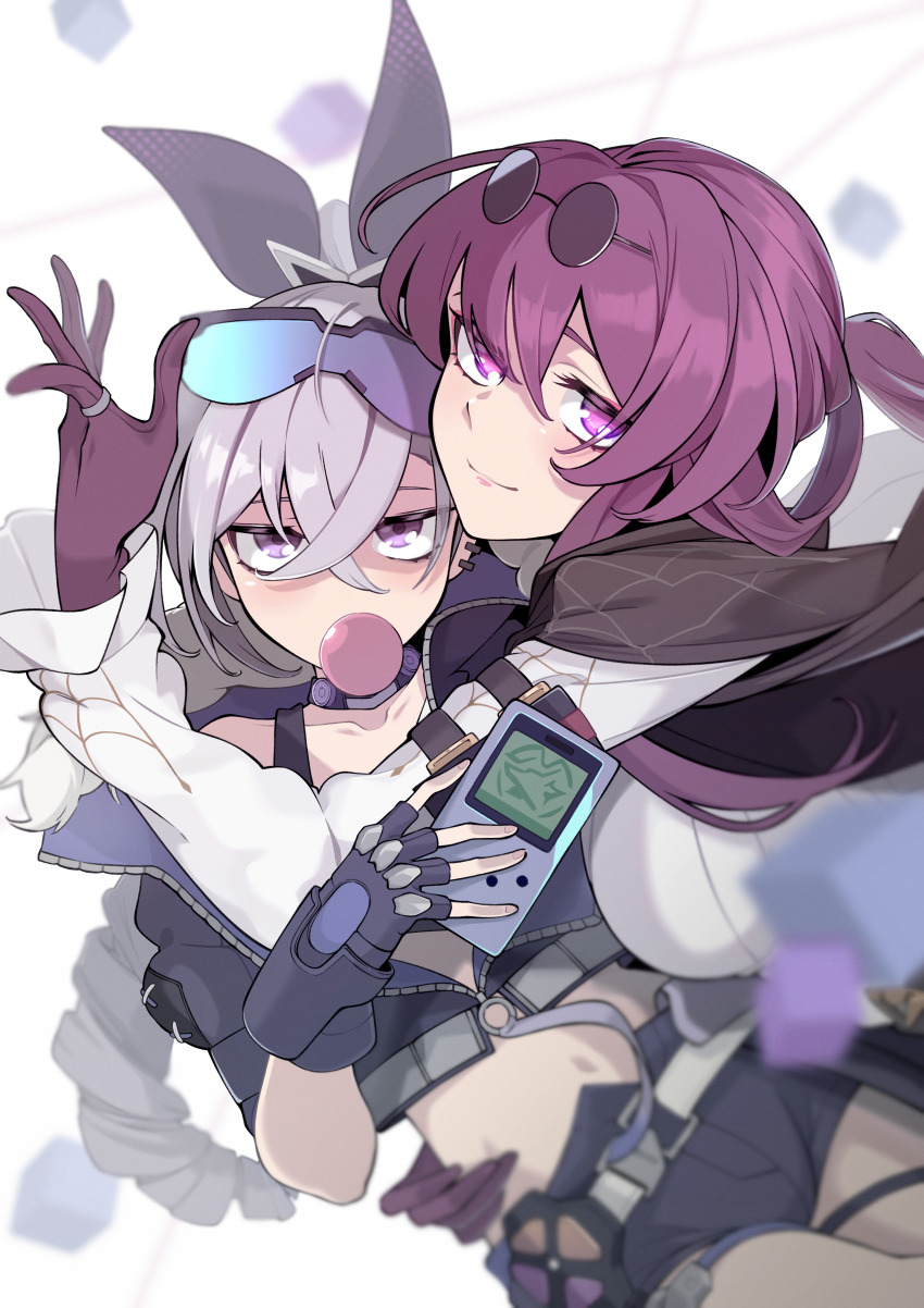 2girls, absurdres, black_gloves, blowing_bubble_gum, blowing_bubbles, chewing_gum, commentary_request, eyewear_on_head