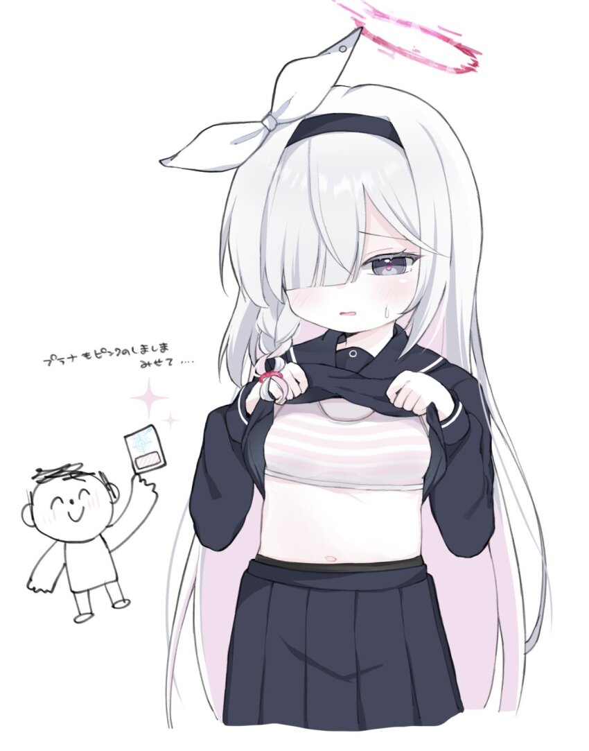 1boy, 1girl, black_hairband, black_sailor_collar, black_serafuku, black_shirt, black_skirt, blue_archive