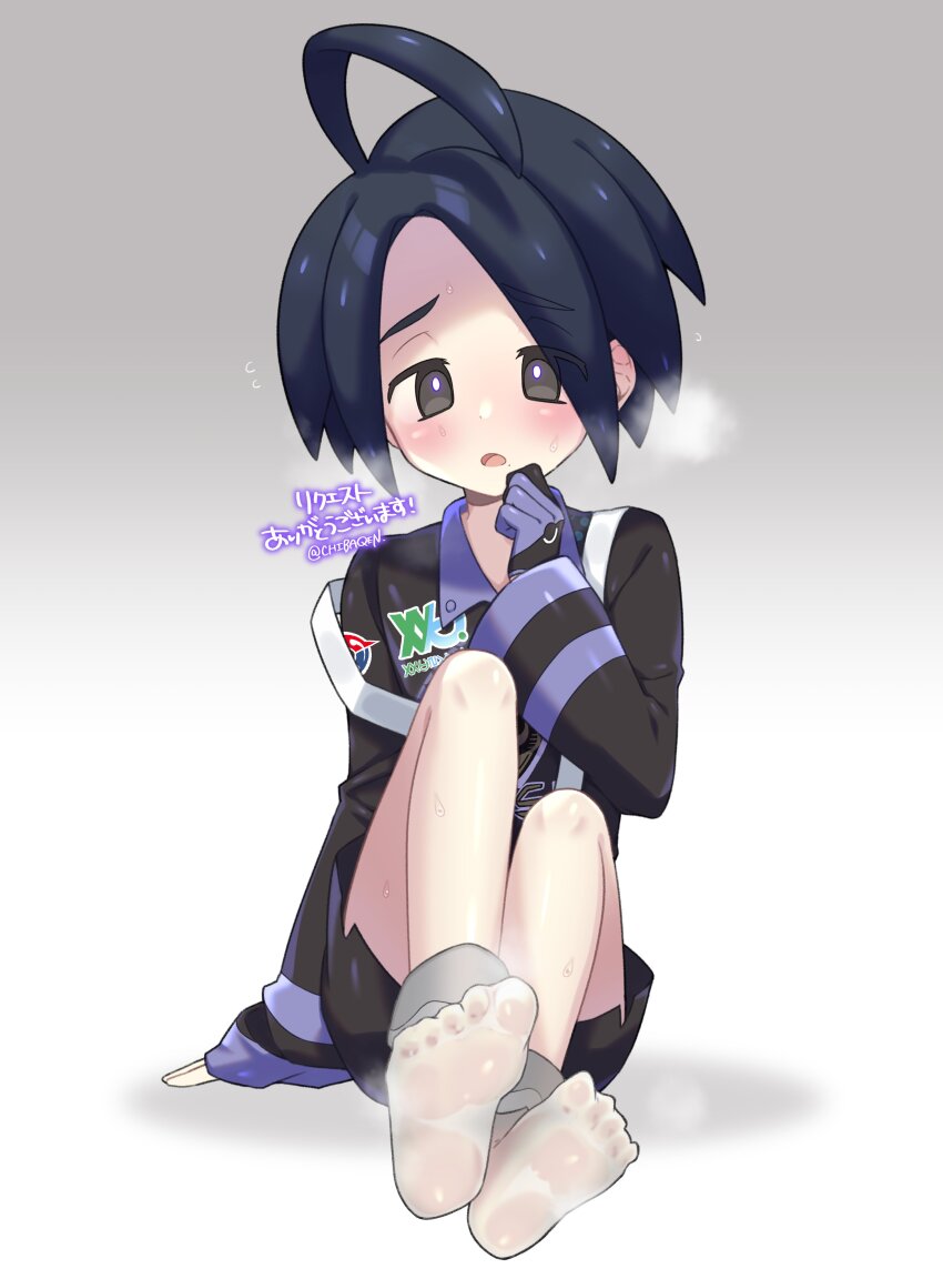 1boy, absurdres, ahoge, allister_(pokemon), arm_support, black_hair, blush, breath, bright_pupils, chibaqen, collared_shirt, commentary_request, feet, flying_sweatdrops, gloves, grey_background, hand_up, highres, knees, long_sleeves, looking_down, male_focus, nintendo, off_shoulder, open_mouth, pokemon, pokemon_sword_and_shield, raised_eyebrows, shirt, short_hair, shorts, side_slit, side_slit_shorts, single_glove, sitting, socks, solo, suspenders, suspenders_slip, sweat, wet_socks