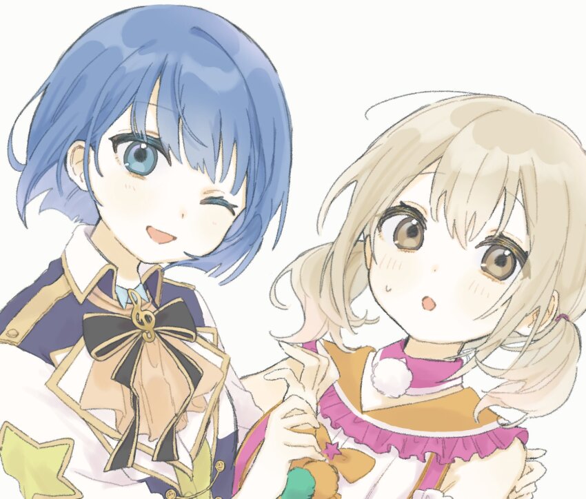 2girls, april_fools, azusawa_kohane, black_bow, black_bowtie, blue_hair, blush, bow