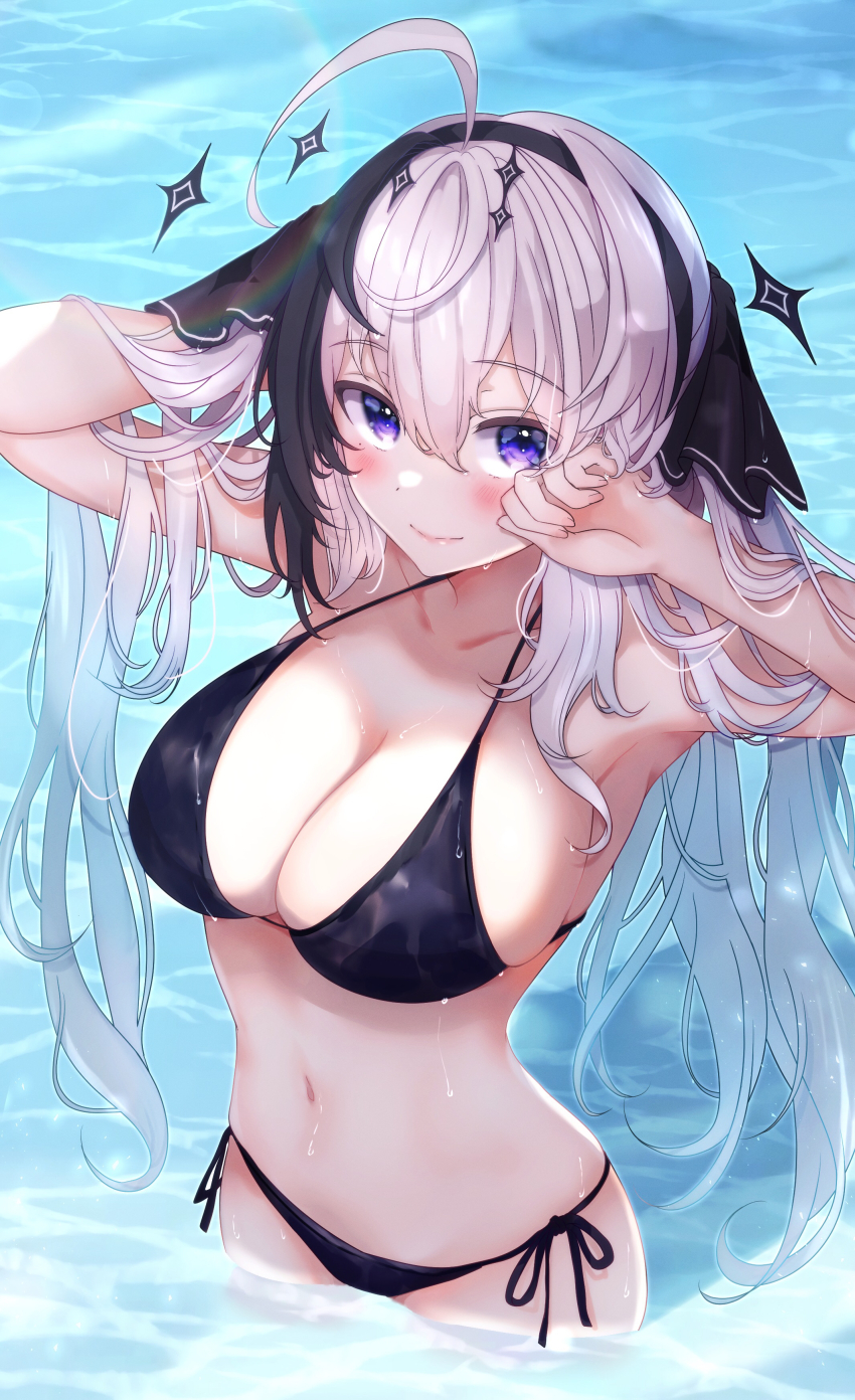1girl, absurdres, ahoge, armpits, arms_up, bikini, black_bikini, black_hair
