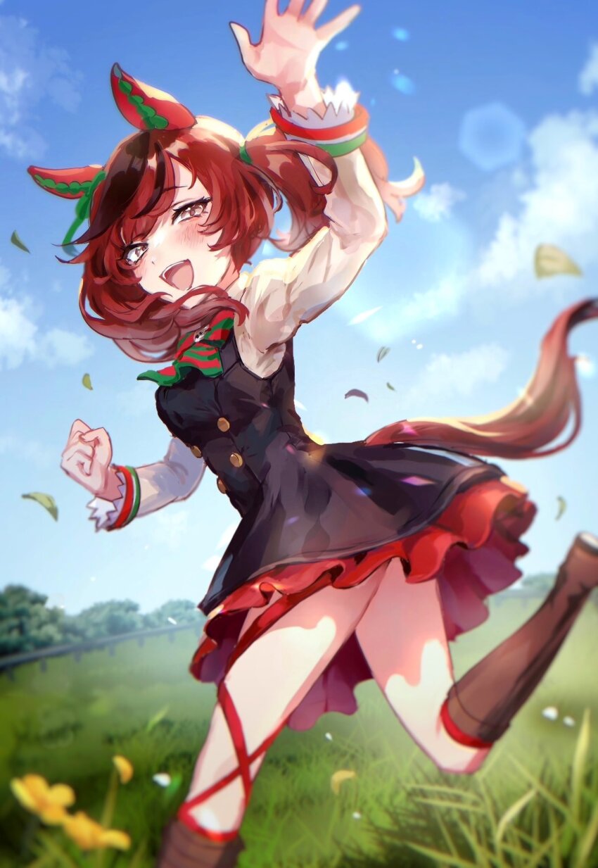 1girl, animal_ears, arm_up, blue_sky, blush, boots, brown_boots, brown_dress