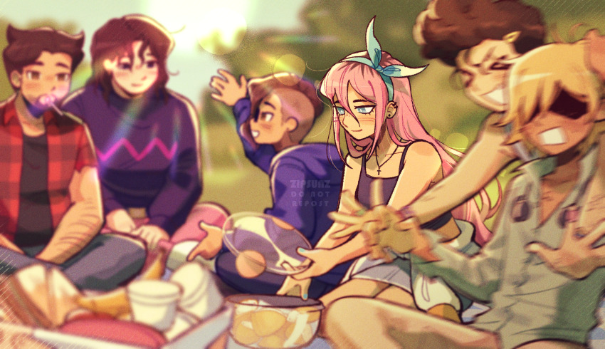 >_<, 3boys, 3girls, :d, angel_(omori), artist_name, aubrey_(omori), blonde_hair