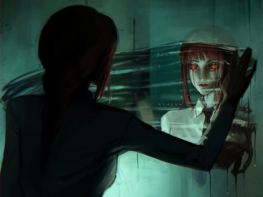 1girl, absurdres, artist_name, black_necktie, blood, bloody_tears, braid, braided_ponytail