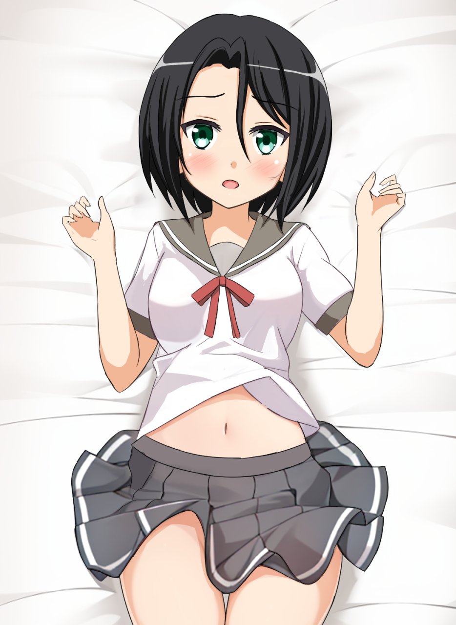 1girl, black_hair, blue_eyes, breasts, commentary_request, dakimakura_(medium), fuyou_yuuna_wa_yuusha_de_nai, hair_between_eyes, highres, lying, medium_breasts, medium_hair, miniskirt, navel, on_back, pleated_skirt, school_uniform, serafuku, skirt, solo, teru_(telltakumu2014), yuusha_de_aru, yuzuki_yuuna