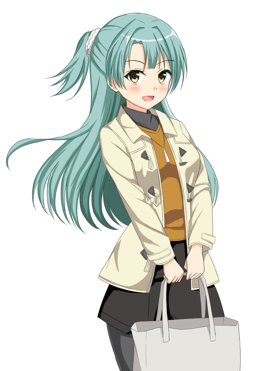 1girl, bag, black_pantyhose, black_skirt, breasts, commentary_request, cowboy_shot, green_eyes