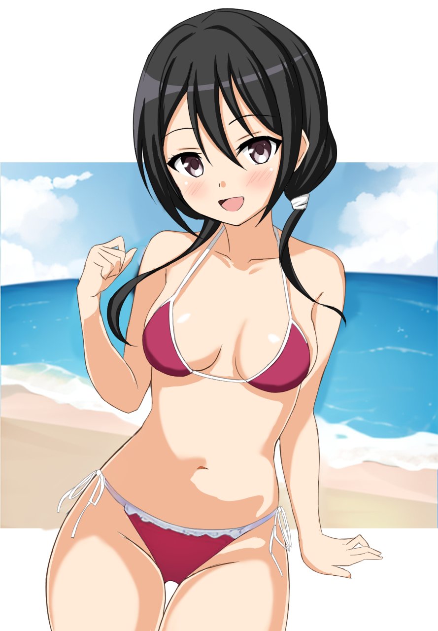 1girl, bikini, black_hair, blue_sky, breasts, brown_eyes, cloud, commentary_request, groin, highres, kusunoki_mebuki, low_twintails, medium_breasts, navel, ocean, open_mouth, red_bikini, side-tie_bikini_bottom, sitting, sky, smile, solo, swimsuit, teru_(telltakumu2014), twintails, yuuki_yuuna_wa_yuusha_de_aru, yuuki_yuuna_wa_yuusha_de_aru:_hanayui_no_kirameki, yuusha_de_aru