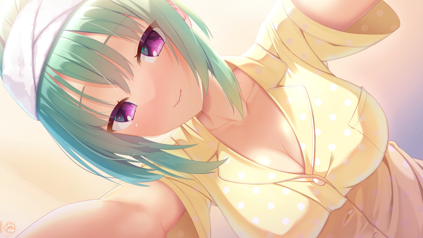 1girl, absurdres, blurry, blurry_background, blush, breasts, cleavage, closed_mouth