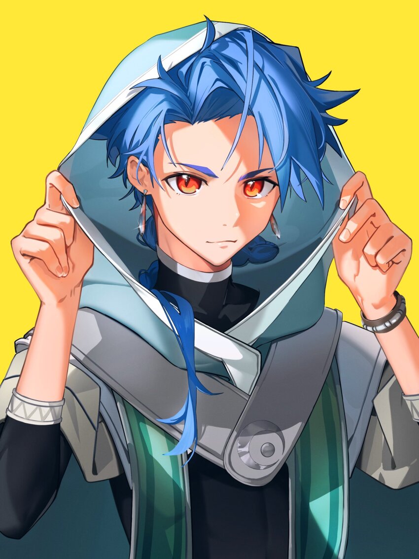 1boy, adjusting_hood, asymmetrical_bangs, blue_hair, bodysuit, bodysuit_under_clothes, bracelet, braid