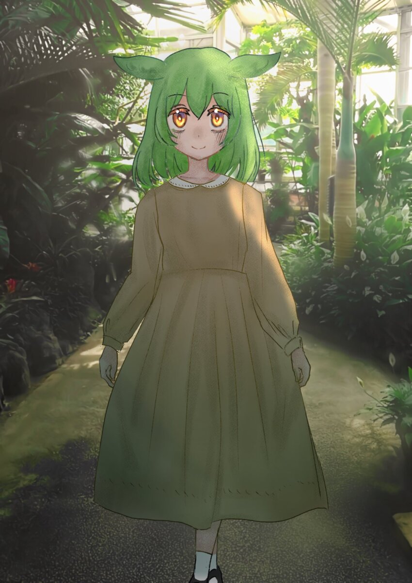 1girl, akazhima, alternate_costume, alternate_hairstyle, blush, botanical_garden, bush, closed_mouth