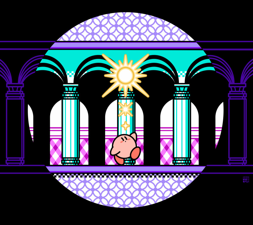 black_eyes, blush_stickers, closed_mouth, dot_mouth, highres, kirby, kirby's_adventure, kirby_(series), nintendo, no_humans, pillar, sasakinao, solid_oval_eyes, solo, sparkle, spotlight, standing, standing_on_one_leg
