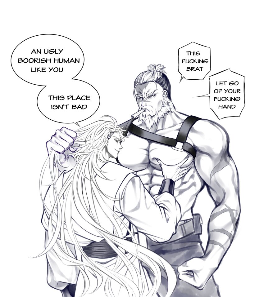 2boys, abs, absurdres, apollo_(shuumatsu_no_valkyrie), bara, belt, biceps, chest_belt