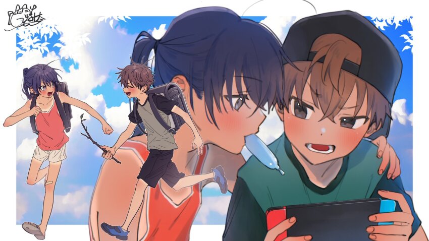2boys, backwards_hat, bag, blue_sky, blush, ferea_bimi, hand_on_another's_shoulder, hat
