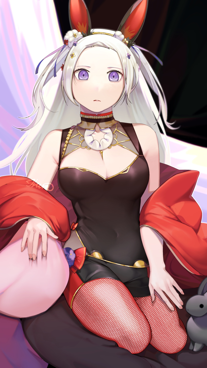 1girl, \||/, absurdres, adapted_costume, animal_ears, bare_shoulders, breasts, cape, cleavage, covered_navel, double_\||/, edelgard_von_hresvelg