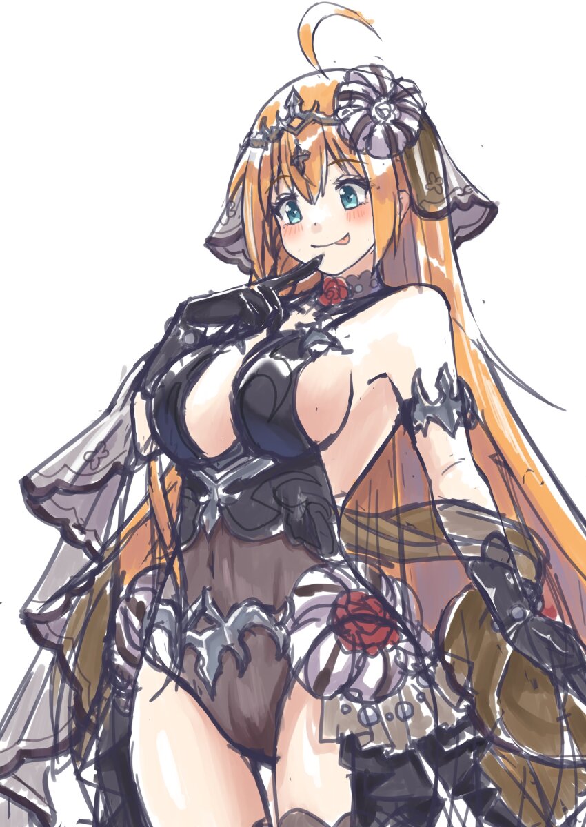 1girl, absurdres, armlet, black_gloves, black_leotard, black_thighhighs, blue_eyes, blush