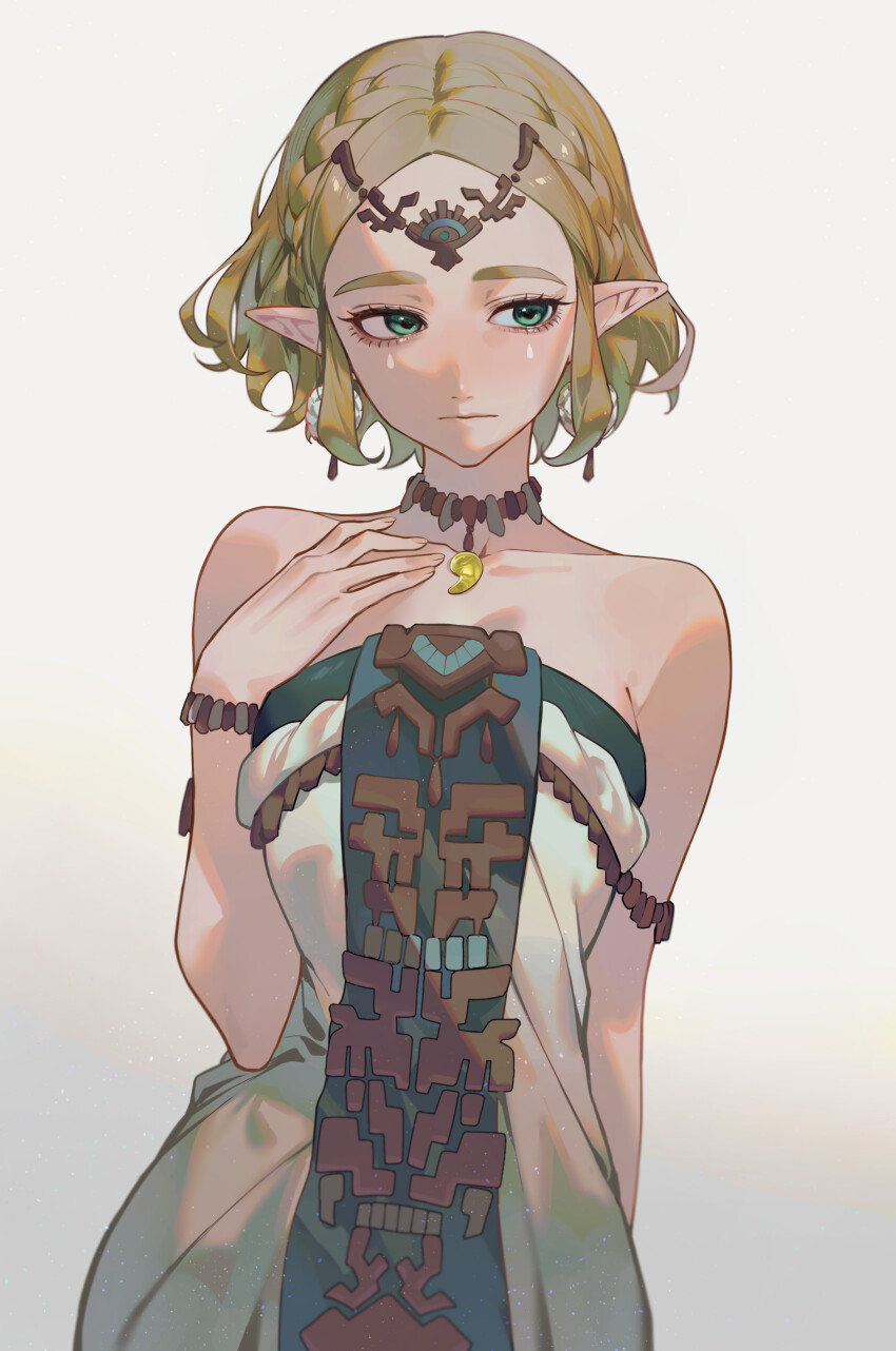 1girl, absurdres, armlet, bare_shoulders, blonde_hair, bracelet, braid, breasts