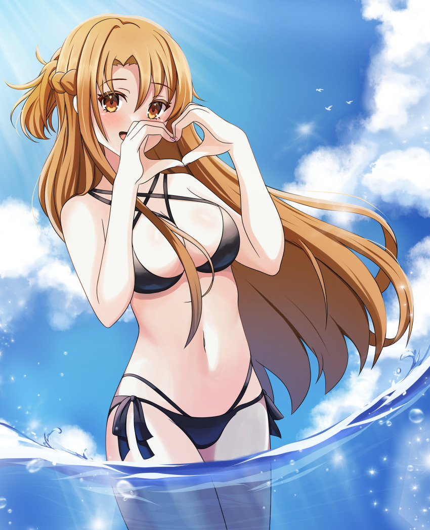 1girl, :d, absurdres, alternate_costume, asuna_(sao), asymmetrical_bangs, bikini, black_bikini, blue_sky, braid, breasts, brown_eyes, brown_hair, cloud, commentary, criss-cross_halter, day, half_up_braid, half_up_half_down_braid, halterneck, hands_up, heart, heart_hands, highres, large_breasts, long_hair, looking_at_viewer, miwa_(miwapeito), navel, ocean, open_mouth, outdoors, partially_submerged, ponytail, short_ponytail, side-tie_bikini_bottom, sky, smile, solo, standing, sunlight, swimsuit, sword_art_online, very_long_hair
