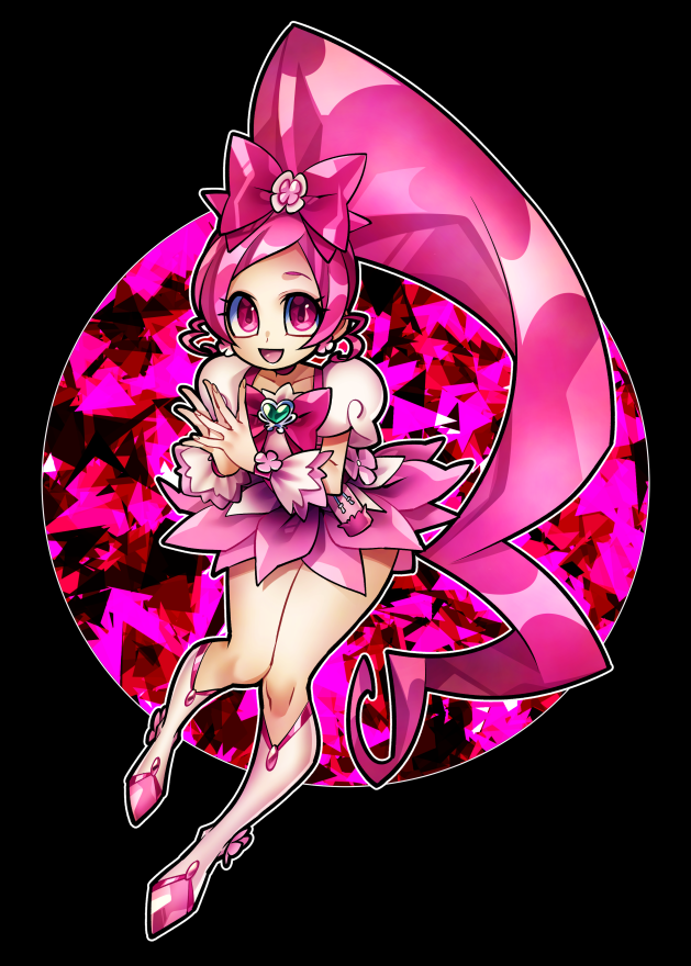 1girl, black_background, boots, bow, brooch, commentary_request, crystal, cure_blossom